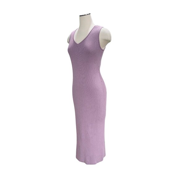 Gstq Lavender Ribbed Midi Dress V Neck Bodycon Knit Sleeveless Stretch NWT M - Picture 9 of 12